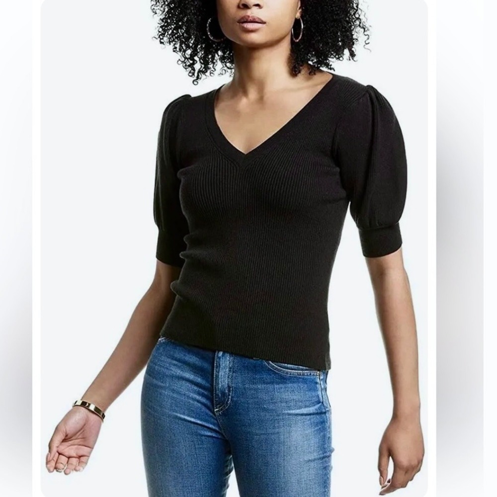 NEW RAMY BROOK‎ Rory cashmere blend ribbed Puff-Sleeve Sweater Top Size S black